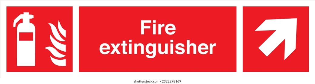 Safety warning signs fire equipment fire action signs with text Fire extinguisher Direction Right Up.