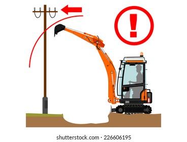 Safety warning for working with excavator. Vector illustration without gradients on one layer. 