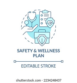 Safety and wellness plan turquoise concept icon. Avoiding employee injuries tip abstract idea thin line illustration. Isolated outline drawing. Editable stroke. Arial, Myriad Pro-Bold fonts used