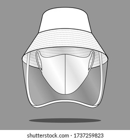 Safety  White Bucket Hat With Plastic Transparent Shield And Mask Face Vector For Template.