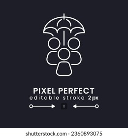 Unbedenklich weißes lineares Desktop-Symbol auf Schwarz. Soziale Sicherheit. Öffentliches Hilfsprogramm. Krankenversicherung. Pixel perfekt, Umriss 2px. Identifiziertes Benutzeroberflächen-Symbol für dunkles Thema. Bearbeitbarer Hub