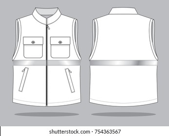 Safety White Vest Design With Multiple Pockets And Single Silver Reflective Vector.Front And Back View.