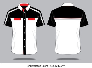 Safety White-Black-Red Short Sleeve Uniforms Shirt With Reflective Tape Design Vector.Front and Back View.