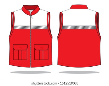 Safety White-Red Vest With Gray Reflective Tape Design On White Background.Front And Back View, Vector File.