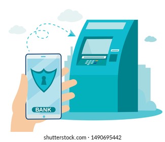 Safety Wireless Money Transferring via Mobile E-Banking and ATM Services. Contactless Financial Transactions. Phone in Human Hand and Arrow to Automatic Teller Machine Vector Illustration