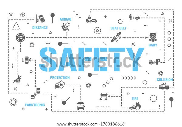 Safety word concepts banner. Car insurance.\
Protection driver, baby passenger infographics. Presentation,\
website. UI UX idea. Isolated lettering typography with glyph\
icons. Vector flat\
illustration