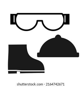 Safety Work Equipment Icon Set. Safety Equipment Flat Symbol Collection. Safety Shoes, Safety Googles,  Helmet For Work. Vector Illustration.