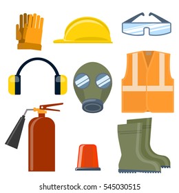 Safety work flat vector icons set. Set of helmet, goggles, mask, boots, vest, headphones, fire extinguisher