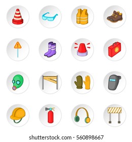Safety work icons set. Cartoon illustration of 16 safety work vector icons for web