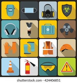 Safety work icons set in flat style for any design. Illustration of safety work kit set vector