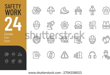 Safety Work Icons set. Vector illustration in modern thin representing personal protective equipment, hazard signs, workplace security symbols, and more. Isolated on transparent background.