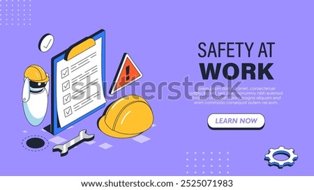 Safety at work isometric poster. Construction safety hat, wrench and clipboard. Safety at factory. Injury Prevention. Volumetric vector illustration isolated on violet background