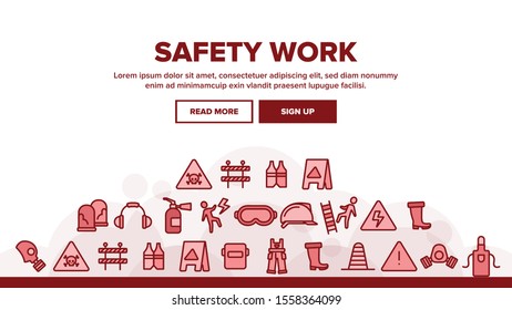 Safety Work Landing Web Page Header Banner Template Vector. Goggles And Earphones, Respirator And Clothes Equipment Tools For Safe Work Illustration