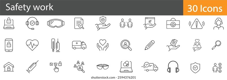 Safety Work Line Icons Set. Collection of 30 outline icons representing workplace safety, protection, hazard prevention, equipment, and security. Editable stroke. vector illustration.