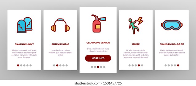 Safety Work Onboarding Mobile App Page Screen Vector Thin Line. Goggles And Earphones, Respirator And Clothes Equipment Tools For Safe Work Concept Linear Pictograms. Color Contour Illustrations