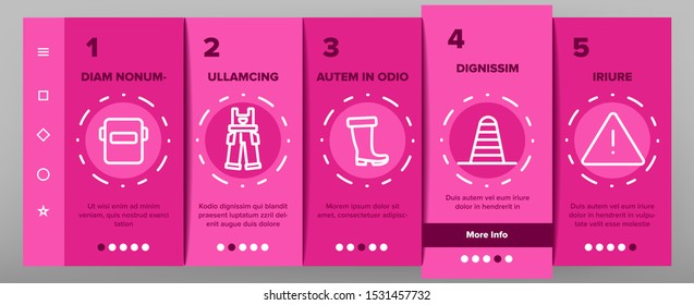 Safety Work Onboarding Mobile App Page Screen Vector Thin Line. Goggles And Earphones, Respirator And Clothes Equipment Tools For Safe Work Concept Linear Pictograms. Color Contour Illustrations