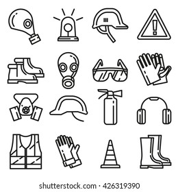 Elementos de protección de trabajo de seguridad conjunto de iconos delgados de línea vectorial. Objeto para protección de estilo lineal. Ilustración de protección profesional de mascarillas respiratorias y prendas de vestir