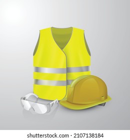 Safety at work, reflective vest, protective glasses and helmet on a plain background