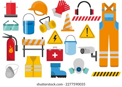 Safety work set icons concept in the flat cartoon style. Attributes and a special uniform that protects people from danger at work. Vector illustration.