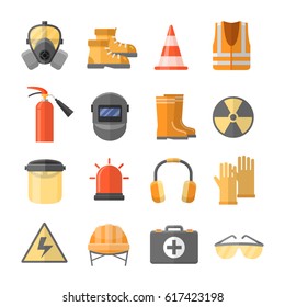 Iconos de vectores de seguridad en el trabajo en un estilo plano. Casco de seguridad, gafas, audífonos, máscaras, guantes, letreros, etc. Equipo especial de protección personal para la seguridad en el trabajo. 