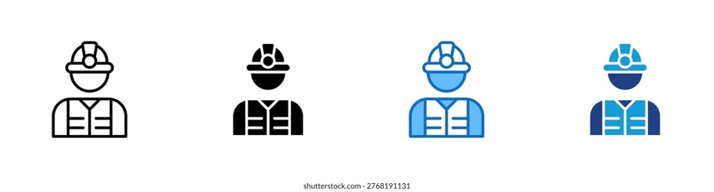 Safety Worker Multiple Style Icon Design Vector - Construction worker with helmet representing workplace safety, industrial labor, and site supervision