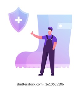 Safety of Workers Life and Health on Industry Manufacture, Hse. Man Contractor in Worker Overalls Showing Thumb Up Standing at Huge Rubber Boot, Shield with Cross Icon. Flat Vector Illustration