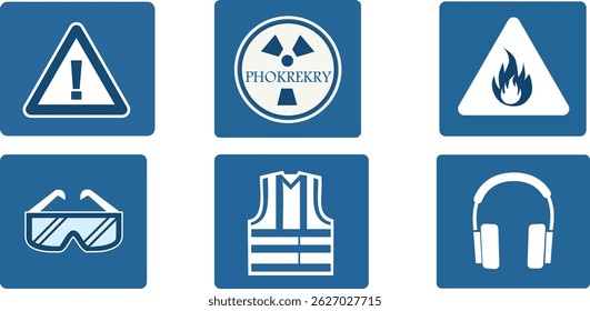 seguridad, lugar de trabajo, peligro, advertencia, peligro, alerta, símbolo, protección, equipo, signos, Vector, iconos, gráfico, aviso, precaución, gafas, chaleco, auriculares, fuego, radiación, tóxico, industrial, escudo,