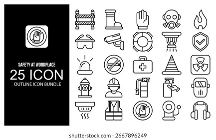 Paquete de Ilustración vectorial de contorno de icono de seguridad en el lugar de trabajo. paquete de iconos de contorno en blanco y negro.