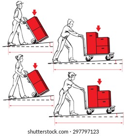 Safety at work-pushing hand trucks. Vector illustrations prepared for safety and ergonomic instructions for transport of  items on hand trucks with regard of weight, distance and inclination.