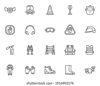 Safety workwear line icons set. Mandatory linear style symbols collection, outline signs pack. Protective clothing vector graphics. Set includes icons as safety helmet, work shoes, face mask, coverall