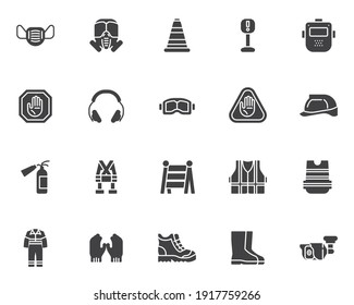 Sicherheitskleidung Vektorsymbole Set, obligatorische moderne solide Symbolsammlung, gefülltes Piktogramm-Paket. Zeichen, Logo-Illustration. Set enthält Symbole wie Schutzhelm, Arbeitsschuhe, Gesichtsmaske, verdeckt