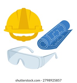 Safety yellow hard hat protective glasses and rolled blue building blueprints for construction site safety planning.