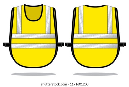 Safety Yellow Vest With Gray Reflective Tapes.Front and Back View, Vector File.