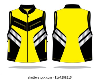 Safety Yellow-Black Vest with Reflective Tape Design on Whitw Background. Front and Back Views, Vector File.