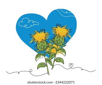 Safflower flower simple vector line art illustration. Ukrainian heart vector print in yellow and blue colors. One continuous line art drawing of safflower.