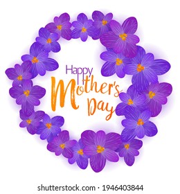 Flores de primavera de azafrán coronadas por la tarjeta vector Happy's Day o la pancarta. Flores de azafrán crocus flor anillo elástico borde del marco para el texto. Tarjeta de felicitación Mothers Day diseño floral. 