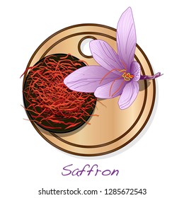 Saffron flower on the dish illustration set. Vector isolated.