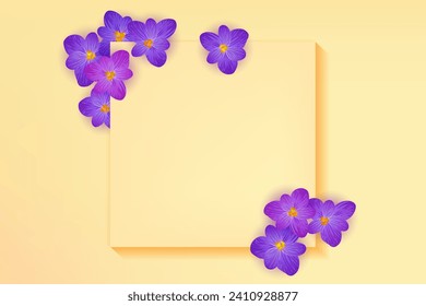 Saffron flower vector card template for wedding invitation, Birthday, Mother's Day, Easter. Purple saffron spring blossom, violet wildflowers. Peach color background, text frame. Blue spring flowers