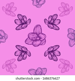 Saffron flowers. Seamless pattern. Vintage botanical hand drawn engraving vector illustration. Floral texture. Illustration for fabric, phone case, wrapping paper, textile, wallpaper, business