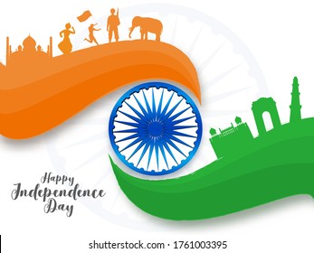 Saffron and Green Brush Waves with Ashoka Wheel, Silhouette Famous Monuments, Classical Dancer, Soldier, Elephant on White Background for Happy Independence Day Concept.