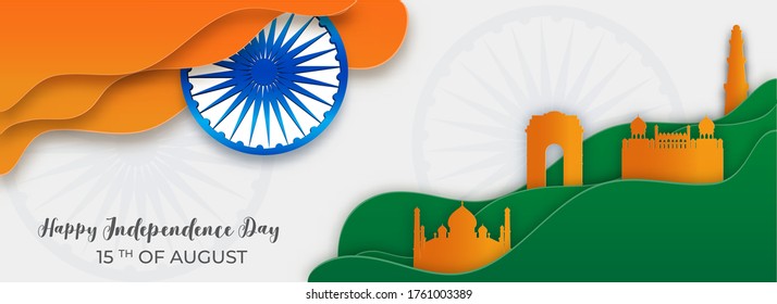 Saffron and Green Paper Cut Overlap Waves with Ashoka Wheel, Famous Monuments on White Background for Happy Independence Day Concept.