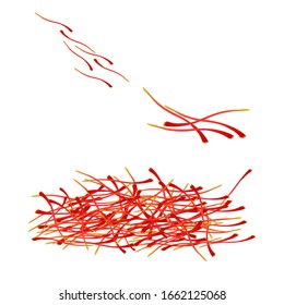 Saffron icon isolated on white background. Dried spice saffron threads. Pile of bright red saffron thread, spice derived from crocus sativus used for seasoning in cooking. Stock vector illustration