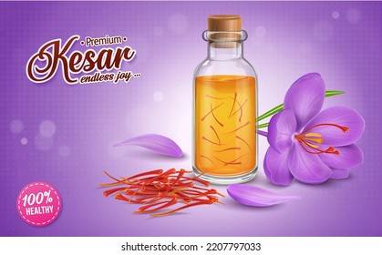 Saffron oil vector illustration with saffron flower and its petals isolated on a lilac background