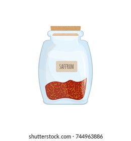 Saffron preserved in glass jar isolated on white background. Piquant condiment, oriental food spice, spicy cooking ingredient stored in clear kitchen pot or container. Colorful vector illustration.