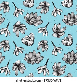 Saffron seamless pattern. Crocus flower on a blue background pattern. Hand-drawn vector illustration