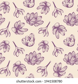 Saffron seamless pattern sketch. Crocus flower pattern. Hand-drawn vector illustration