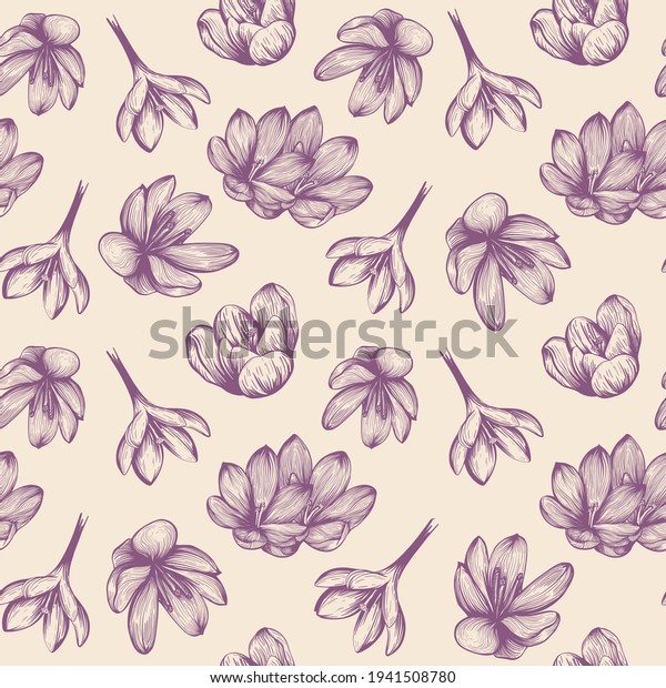 Saffron seamless pattern sketch. Crocus\
flower pattern. Hand-drawn vector\
illustration