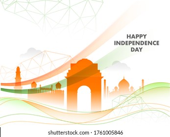 Saffron Silhouette of India Famous Monuments with Polygon Lines and Abstract Dotted Waves on White Background for Happy Independence Day Concept.