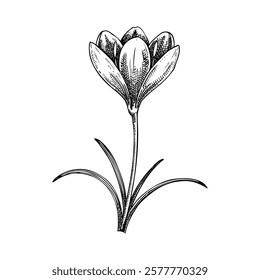 Saffron sketch. Crocus wildflower illustration. Vector spice plant drawing. Hand-drawn spring design element. NOT AI generated