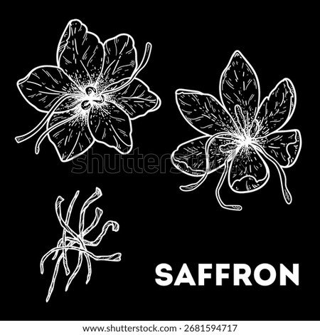 Saffron sketch. Hand drawn vector illustration. Saffron flower, crocus, leaf. Kitchen spice